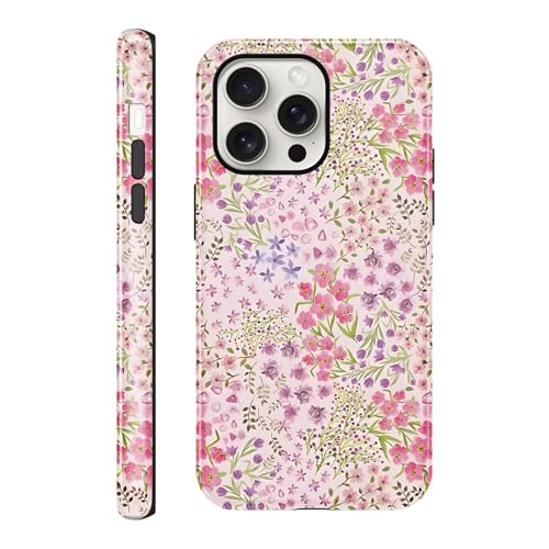 lioscre for iPhone 15 PRO MAX 6,7'' Case Floral, Cute Pink Flower Pattern Aesthetic Phone Case, Shockproof 2-in-1 Double Protective Cover for Women Girls, Exquisite Design Anti Scratch Stylish Case