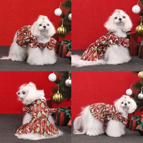 Image of CuteBone Frilly Dog Dress Princess Puppy Christmas Dresses with Ruffled Sleeves Cat Clothes Outfit for Small Dogs Girl Pet Apparel