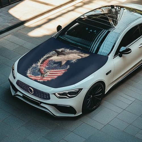 Image of Shark American Flag Car Hood Protector, Ocean Shark Rolling Wave Flag Car Bonnet All-Season Protection, Washable Auto Hood Cover Uniersal Fit for Most Sedans Trucks SUVs