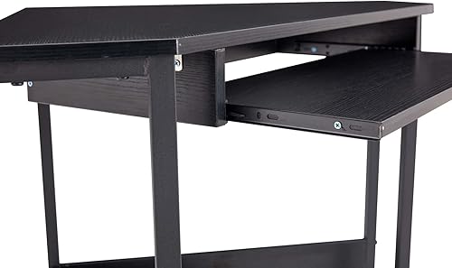Miniatura 7 de TMEOSK Corner Computer Desk with Keyboard Tray, Storage Shelf and Wire Holes for Small Spaces, Bedroom, Apartment, Office, Black