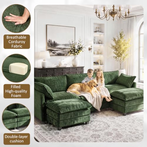 Image of 112 inch U-Shape Modular Sofa with 2 Ottomans, Deep Seat Cloud Convertible Sleeper, 2 Arm Pillows, Comfortable Upholstered Furniture for Living Room Apartment, Green