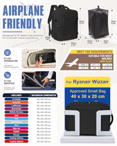 SZLX Sac à Dos Sous Vide Voyage 40x30x20 avec pompe Baggage Cabine 40x30x20 Ryanair Wizz air Transavia Bagage Cabine Sous Vide Bagage à Main Easyjet Sac Ordinateur Portable 14 pouces Femme Homme – Image 3