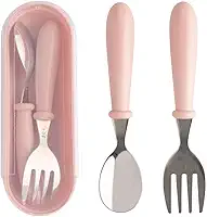 Jogo Talheres Colher Garfo Inox Infantil Kit Com Estojo Bebê, introdução alimentar, passeios e viagens, Rosa - Clink