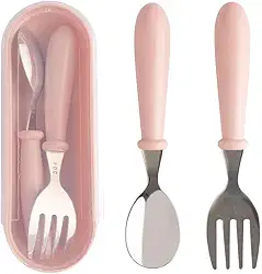 Jogo Talheres Colher Garfo Inox Infantil Kit Com Estojo Bebê, introdução alimentar, passeios e viagens, Rosa - Clink