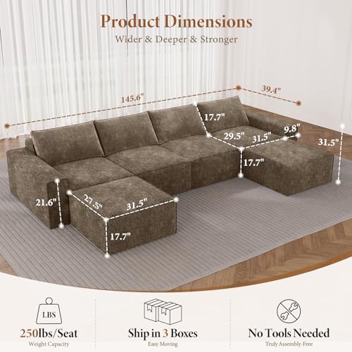 Image of Vesgantti 145.6 inch Modular Boneless Couch, Modern U Shaped 6 Seater Sectional Sofa with 2 Ottoman & Deep Seat, Convertible Chenille Cloud Couches for Living Room, No Assembly Required, Dark Brown