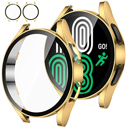 Tensea [2Pack for Samsung Galaxy Watch FE 2024/5 2022/4 2021 Screen Protector Case 40mm Accessories, Protective Face Cover Built-in Tempered Glass Film Bumper Case (40mm, Gold)