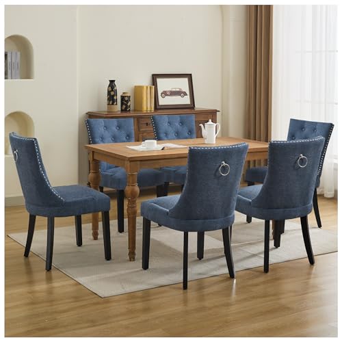 UDAX Upholstered Tufted Dining Chairs Set of 2, Fabric Side Dining Room Chairs with Nailhead Back Ring Pull Trim Solid Wood Legs, Dark Blue