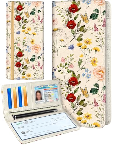 Image of Slohif Checkbook Cover for Personal Duplicate Checks - Leather Check Book Wallet Holder for Women Vintage Beige Flower Print Top Stub