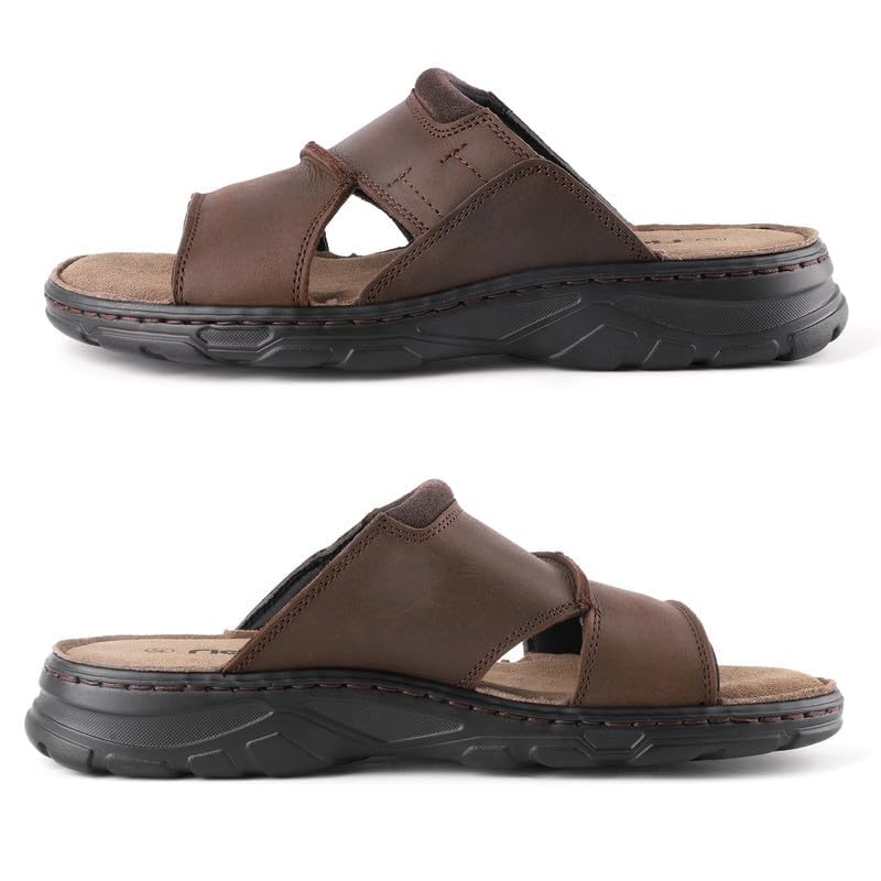 Image of riemot Mens Leather Sandals Memory Foam Footbed Summer Beach Sandal Indoor Outdoor Thick Sole Non-slip Lightweight Slides Brown