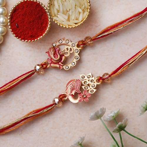Image of eCraftIndia Set of 2 Red & Golden Lord Ganesha, Om Symbol Rakhis, Best Bro Ever Fridge Magnet with Roli Chawal Pack - Rakhis for Brother, Bhabhi, Kids