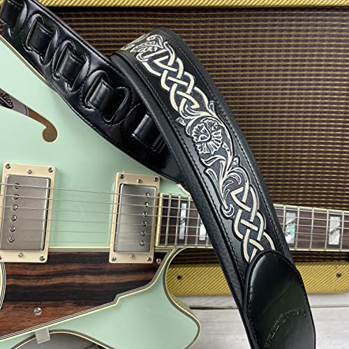Walker And Williams KB-05-BLK Black Full Grain Center Block Premium Carving Leather Padded Guitar Strap With Aged White Carved Celtic Chain For Acoustic, Electric, And Bass Guitars - Image 3