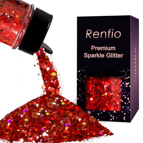 Renfio Holographic Chunky Glitter 1.76oz/50g Laser Red Glitter for Snowglobe Tumbler Red PET Flake Mixed Fine Powder for Snowglobe Tumbler Craft Epoxy Resin Festival Decor Nail Slime