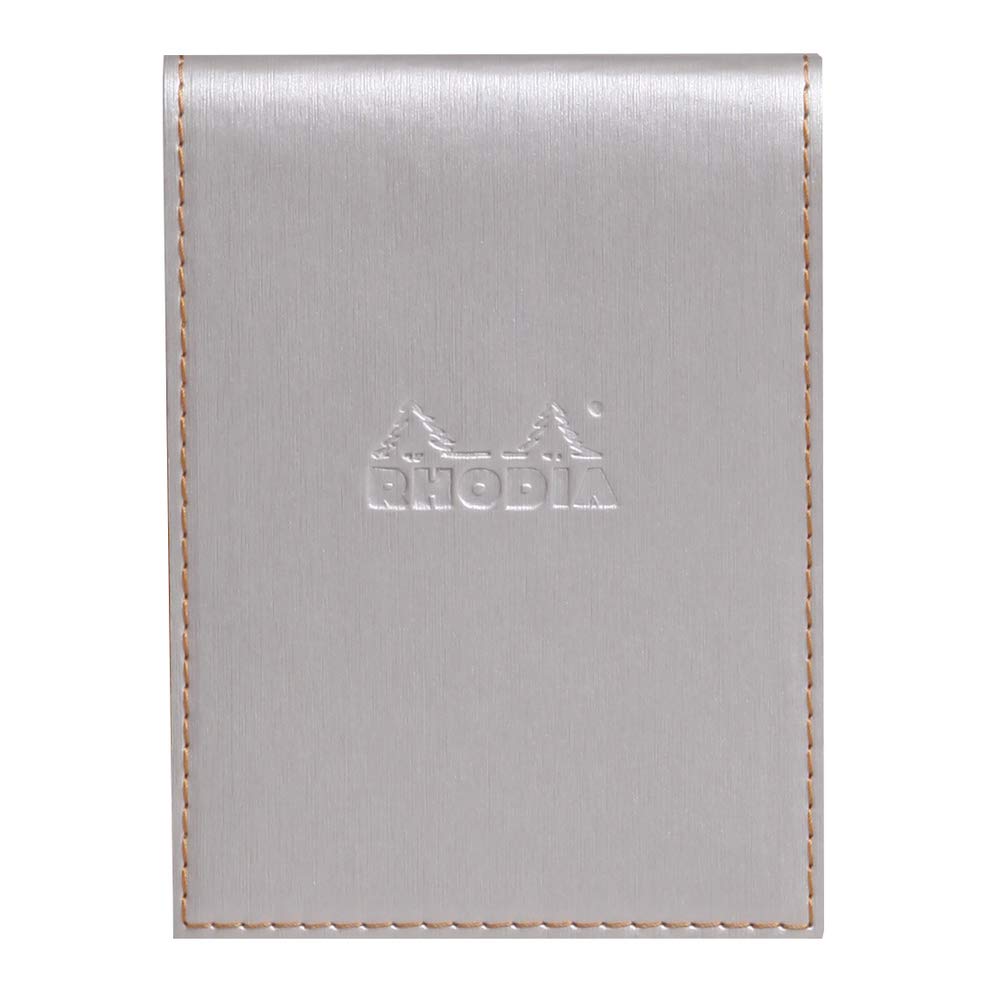 RHODIA 128201C - Clipboard Case + Stapled Notepad N°12 Silver - 8.5x12 cm - Lined - 80 Detachable Sheets - White Clairefontaine Paper 80 g/m - Pencil Holder - Faux Leather - Rhodiarama Collection