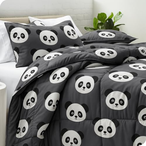 Image of 200 GSM 400 TC Kids Glace Cotton Reversible Cartoon Printed Double Bed King Size Comforter with Matching Bedsheet 90 * 100 with 2 Pillow Covers Set of 4 Pieces (Panda)