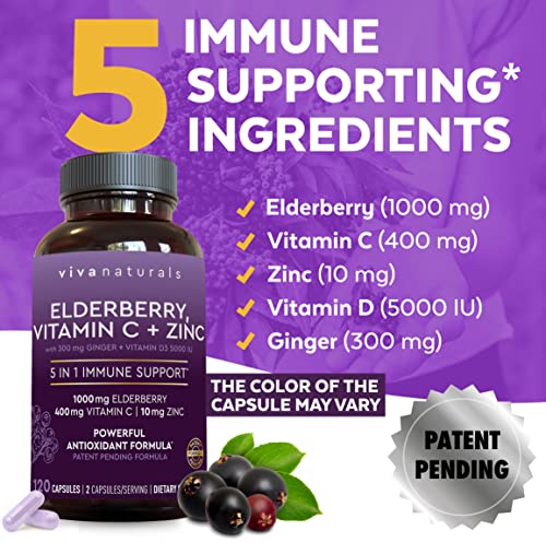 Viva Naturals Sambucus Elderberry with Vitamin C, Zinc, Vitamin D3 5000 IU & Ginger (120 Capsules) - Antioxidant… - Image 3