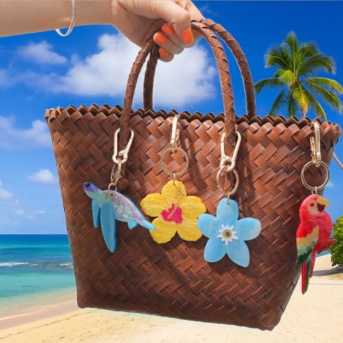 Tropical Hibiscus Flower Bird Butterfly Keychain Bag Charm Keychain Gold-Tone Clasp, 5.3 Inches