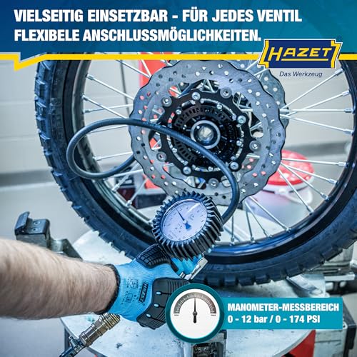HAZET Reifenfüll-Messgerät 9041G-1 I Geeicht, ablesbar, Manometer-Messbereich: 0-10 bar, Schlauchlänge: 1000 mm, Manometer-Durchmesser: 80 mm I Reifendruck-Prüfer für Auto, Motorrad, LKW