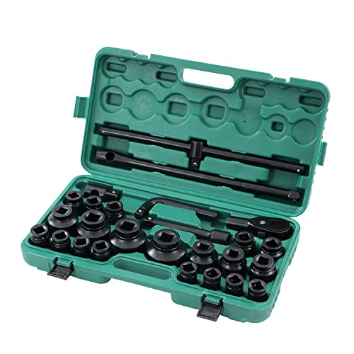 KATSU 3/4' Llaves de Vaso Impacto 26 Piezas, 21-65mm Métrica con Llave de Trinquete de 24 Dientes, Herramienta de Mecánica Reparación Motores Camiones Tractores (Budget)