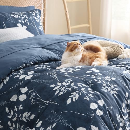 Image of Bedsure Floral Navy Comforter Set, King Bedding Sets, 7 Piece | Bed in a Bag, Comforters, Bedroom, Reversible, Fluffy, Whisper-Quiet, All-Season, Polyester, Easy Care, Botanical-Chic, OEKO