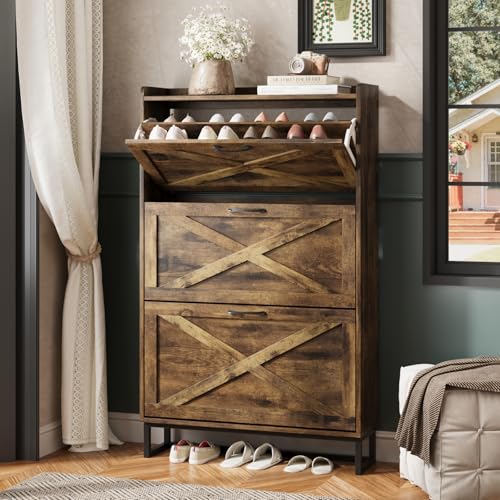 Maupvit Shoe Storage Cabinet with 3 Flip Drawers, Freestanding Organizer with Metal Legs for Entryway, Narrow Shoe Rack Cabinet, Rustic Brown