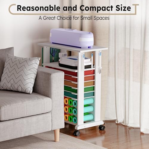 Craft Organizers and Storage Compatible with Cricut Machines, Rolling Storage Cart with Vinyl Roll Holders Crafting Table for Adults
