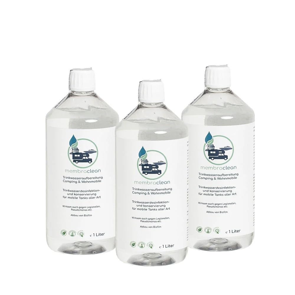 3x 1 Liter membraclean Trinkwasseraufbereitung Camping & Wohnmobile | Sparset für sicheres Trinkwasser auf Reisen: Trinkwasser aufbereiten, konservieren und Biofilm abbauen