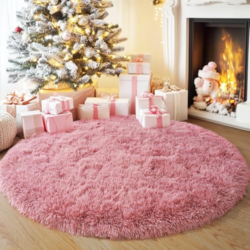 5'x5' Blush Round Rugs for Girls Bedroom, Ultra Soft Fluffy Circle Rug for Kids Room, Cute Shag Rugs for Living Room Playroom Tent Castle Home Decor Rug