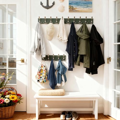 Image of SKOLOO Creations Forest Green Solid Wood Wall Mounted Coat Rack, 10 Hooks, 38-1 /8 inch Long - Kitchen, Mudroom, Entryway, Bathroom - Includes Mounting Hardware, Wall Coat Hanger, Towel Rack, Pack of 2
