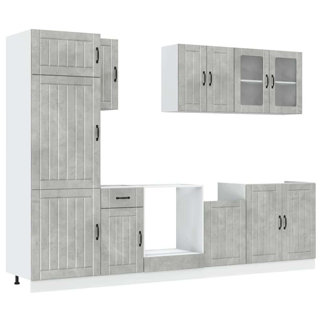 Lucca - Set di 8 mobili da cucina moderni in legno grigio cemento, set completo di mobili da cucina con mobiletti inferiori, pensili e armadietti alti per molto spazio