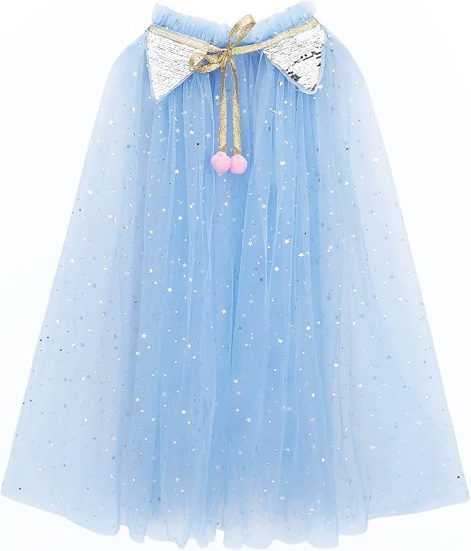 Image of Princess Cape for Girls - Colorful Sequin Cloak with Crown and Wand for Birthday, Halloween, Fancy Dress & Carnival