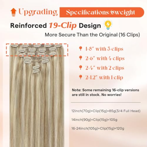 Image of Sunny Hair Clip in Hair Extensions Real Human Hair Blonde Remy Extensions | Blonde Highlights Human Hair Clip in Extensions 18inch, Natural Balanced Length for Wedding & Date Night, Easy to Style 120g