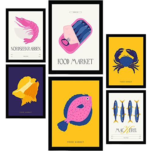 Nacnic Set de 6 Posters de Comida y Alimentación. Marisco y pescado. Láminas de Naturaleza y Botánica para el Diseño y Decoración de Interiores. Tamaños A3 & A4, sin marcos.