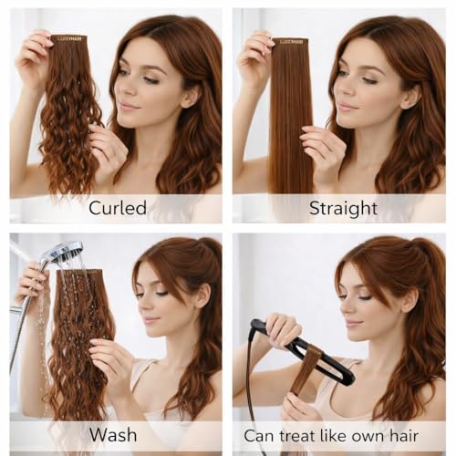 Image of Real 100% Natural 2Clip-In Remy Curly Human Hair Extension Streak Strands | Side Bangs Patch To Add Side Hair Volume| Soft Lightweight Styling Fashion Party Daily Wear Damage-Free Blendable For Women Girls | Brown | 28inch (4Pc)