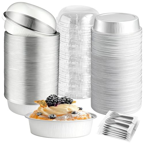Mini Cake Pans With Lids And Spoons Baking Tins For Round Small Desserts 7 Oz Aluminum Foil Baking Pans Disposable Ramekins Individual Cake Containers Holders For Tart Quiche Flan (50 White)