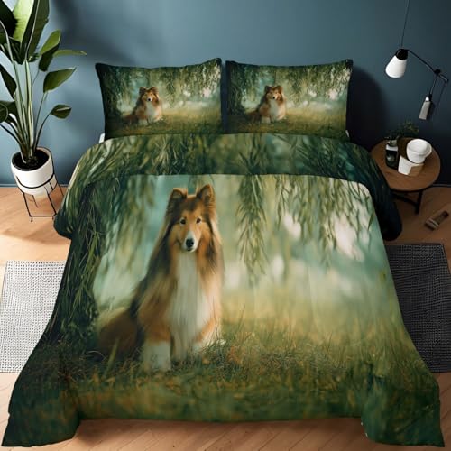 Srigzcaly Edredón Nórdico 200x200cm 4 Estaciones - Relleno de Fibra 200gr/m2, Pastor Alemán Niebla Sauce Césped Suave Transpirable Ligero y Cálido para Invierno, Verde Oscuro