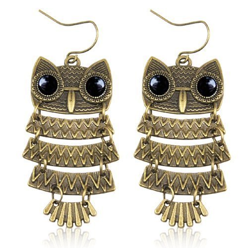 Accessotech Old Vintage, Retro Eulen mit Schwarzen Augen Design, Bronze Anhänger Ohrringe