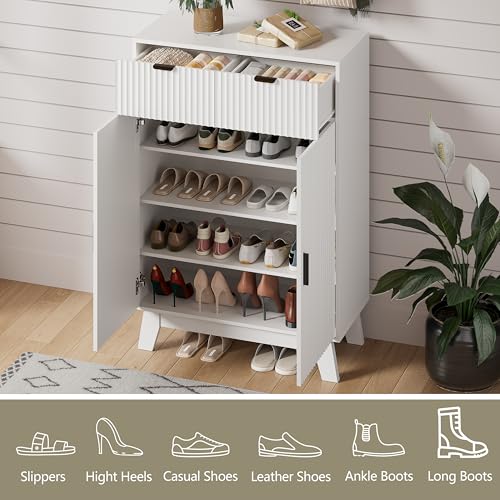Image of Shoe Cabinet Storage for Entryway with Doors, 4 Tier Fluted Shoe Organizer with 2 Drawers, Entryway Shoe Storage with Adjustable Shelves, Freestanding Hidden Shoe Rack for Front Door Entrance, White
