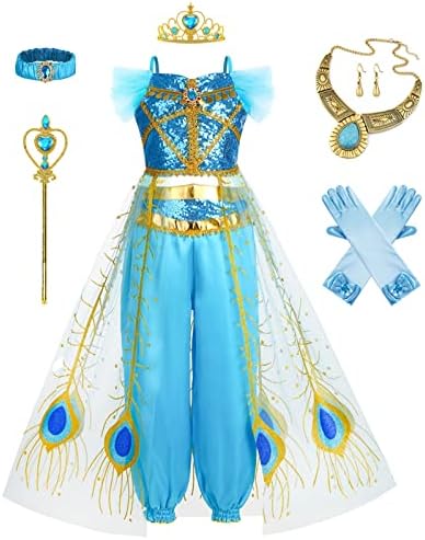 Jasmine Costume Dress Up for Girls Arabian Princess Dress Kids Birthday Party Carnival Halloween Jasmine Cosplay Clothes Outfit with Crowns, Scepters, Gloves, Headbands, Necklaces and Earrings,4T
