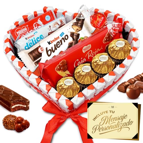 Corazón Sorpresa Regalo Dia del Padre con +40 Bombones y Chocolates – Ferrero Rocher, Lindt Lindor, Caja Roja, Kinder – Tarjeta Personalizada y Presentación Especial