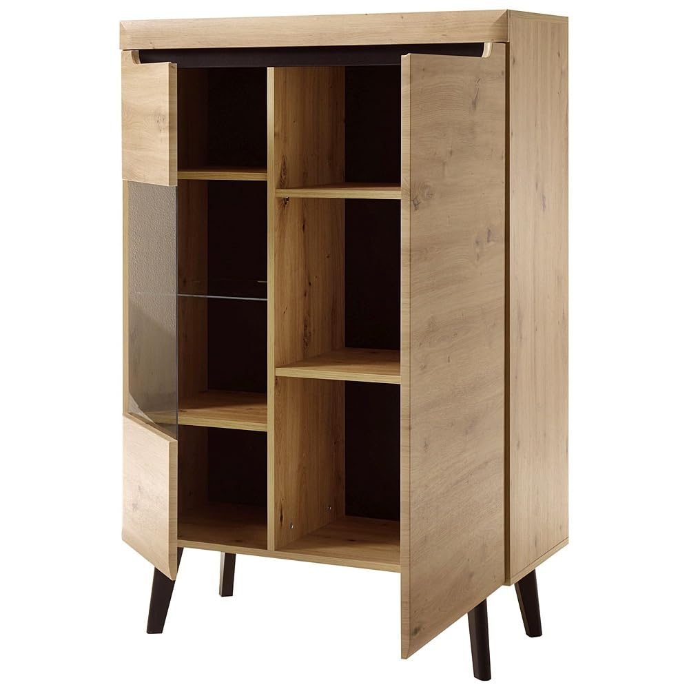 Lomadox Skandinavisches Wohnwand und Couchtisch Set, Eiche Artisan mit Schwarz, inkl. Beleuchtung, tiegezogene MDF-Fronten, Massivholzfüße