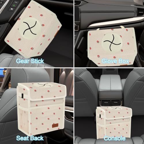 Image of Femuar Leak Proof Car Trash Can with Lid, Collapsible Hanging Waterproof Car Trash Bag with Mesh Pocket for SUV Front Seat Headrest, Large /Beige Strawberry