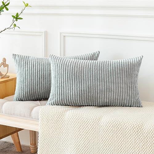 JOTOM Corduroy Soft Striped Throw Pillow Covers 40x60 cm Boho Decorative Pillow Covers Lumbar Pillowcase Couch Home Decor Cushion Covers for Sofa Bedroom 16x24 Inch Set of 2 (Grey Blue) - Image 4