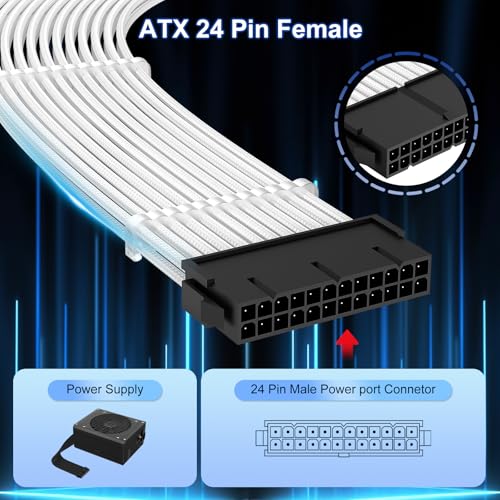 J&D Cable con Manga ATX de 24 Pines para Fuente de Alimentación, 30 cm, Cable de Extensión Trenzado de 24 Pines Macho a Hembra con 3 Peines para Cables para Placa Madre ATX, Blanco - imagen 4