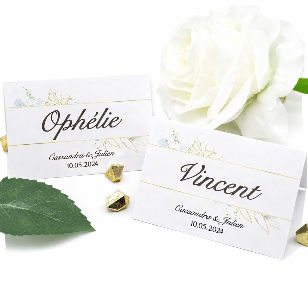 Lot de 75 marques places prénom personnalisé en papier épais blanc, prénoms et date, texte au verso, décoration de table mariage champêtre, anniversaire, événement