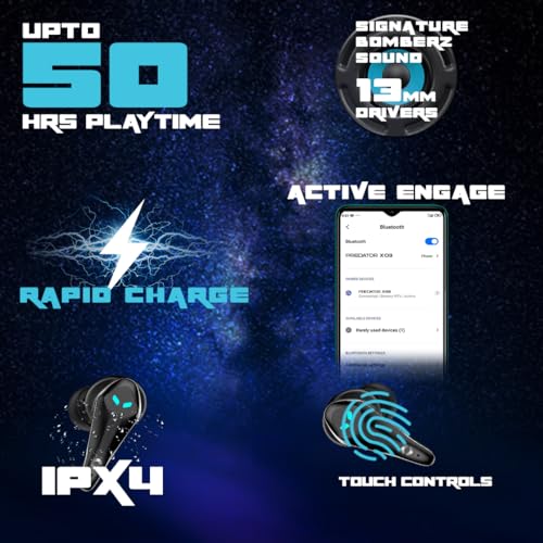 Image of HOPPUP Predator Xo3 Gaming Earbuds with 35MS Low Latency, 13MM Drivers & 50H Playtime Bluetooth (Black, True Wireless)