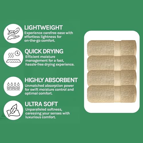 Image of Sulfar 100% Combed Cotton, Quick Drying Highly Absorbent Thick Bathroom Towels, Luxury Bath Towel Set (Pack of 4, 70 X 140 cm) - 600 GSM (Bleach Sand)