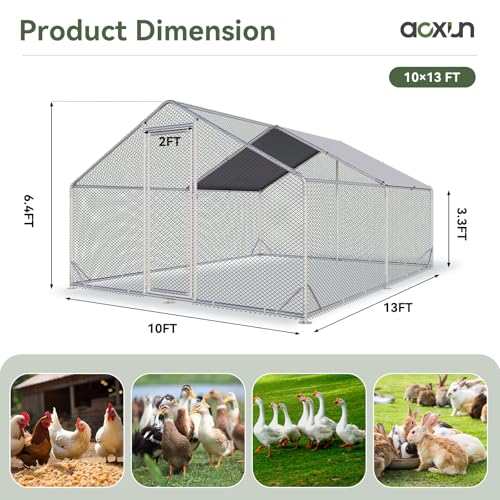 Image of Aoxun Metal Chicken Coop, Outdoor Chicken Runs for Yard with Cover, Spire Roof Hen House Enclosure with Security Lock, Walk-in Cage Peak Hen House for Yard Farm (10x13x6.4 FT)