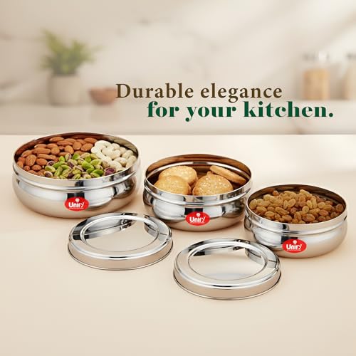 Image of Unify Stainless Steel Belly Dabba Set of 3 | 880ml, 600ml, 400ml Multipurpose Kitchen Storage Containers | Food-Grade, Rust-Proof Steel Canisters with Tight-Fit Lids for Snacks & Daily Use