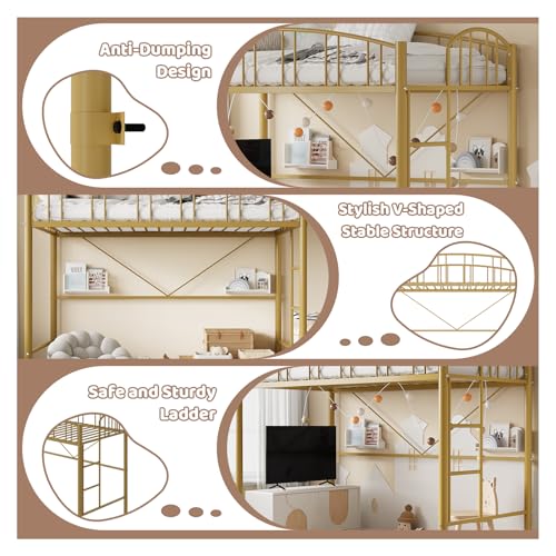 Loft Bed Twin Size with Stairs and Arched Guardrail, Sturdy Metal Slats Support, Space Saving, Noise Free, No Box Spring Needed, Ideal for Kid Room and Dorm, Gold