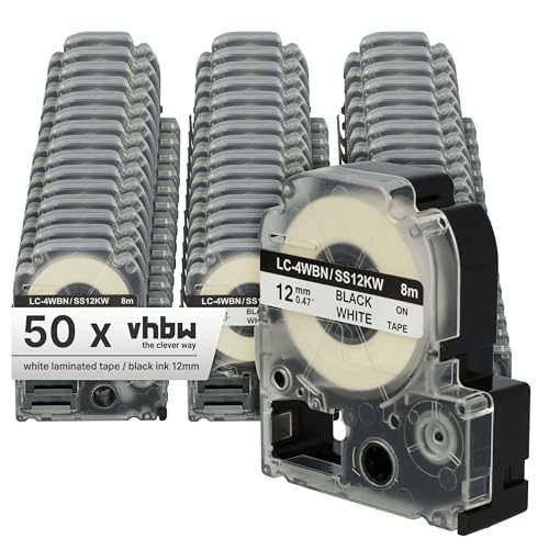 Image of vhbw 50x Label Tape Compatible with Epson LabelWorks LW-700, LW-900P, OK500P, OK720, OK200, OK300 Label Printer 12 mm, Black on White